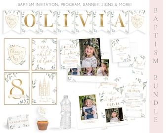 LDS Baptism Kit for Girls: Olive Leaf Invitation, Program (Corjl)