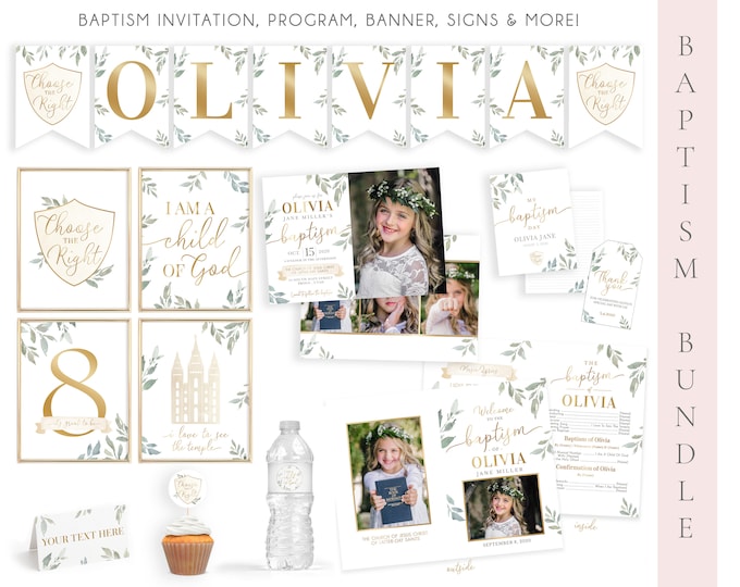 LDS Baptism Kit for Girls | Olive Leaf Baptism Invitation | Baptism Decorations | Editable Baptism Program | Baptism Printables | Corjl