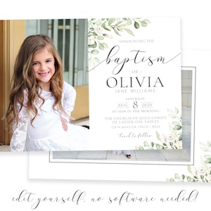 以下が含まれることがあります： 白い花と緑の葉が描かれた水彩画の花柄の洗礼の招待状。この招待状は、2020年8月8日午前10時にアリゾナ州メサにある末日聖徒イエス・キリスト教会で、オリビア・ジェーン・ウィリアムズの洗礼を知らせるものです。