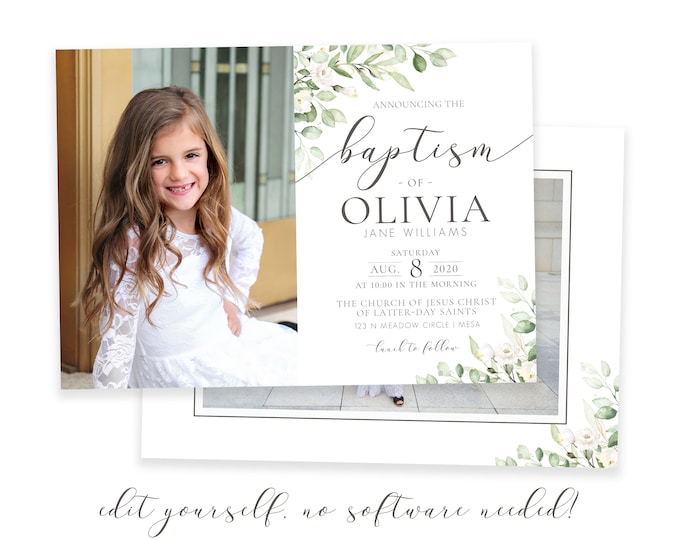 LDS Baptism Invitation | LDS Baptism Invitation Girl | Baptism Invitation | LDS Baptism | Baptism Invitations Girl | White Floral | Corjl