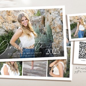 K&ouml;nnte beinhalten: Abschlussanzeigekarte mit einer Collage von Fotos einer jungen Frau in einem wei&szlig;en Oberteil und einer blauen Jeans. Die Karte enth&auml;lt den Text "Graduate 2023", "Halee Nicole Williamson" und "Lone Peak High School".