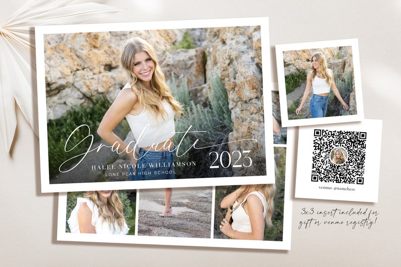 K&ouml;nnte beinhalten: Abschlussanzeigekarte mit einer Collage von Fotos einer jungen Frau in einem wei&szlig;en Oberteil und einer blauen Jeans. Die Karte enth&auml;lt den Text "Graduate 2023", "Halee Nicole Williamson" und "Lone Peak High School".