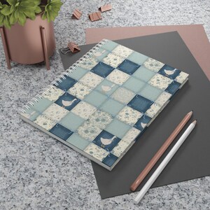 Patchwork Goose Quilt pattern Spiral Notebook | Blue Farmhouse Check Journal