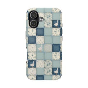 May include: A smartphone case featuring a blue and white patchwork quilt pattern. The design includes alternating squares of solid light blue, dark blue denim texture, and floral prints, accented with small white geese and blue ribbon bows.