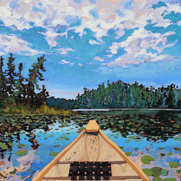 Oil painting, Fine art, Landscape, Lake painting, Sunset, Original, Canoe art