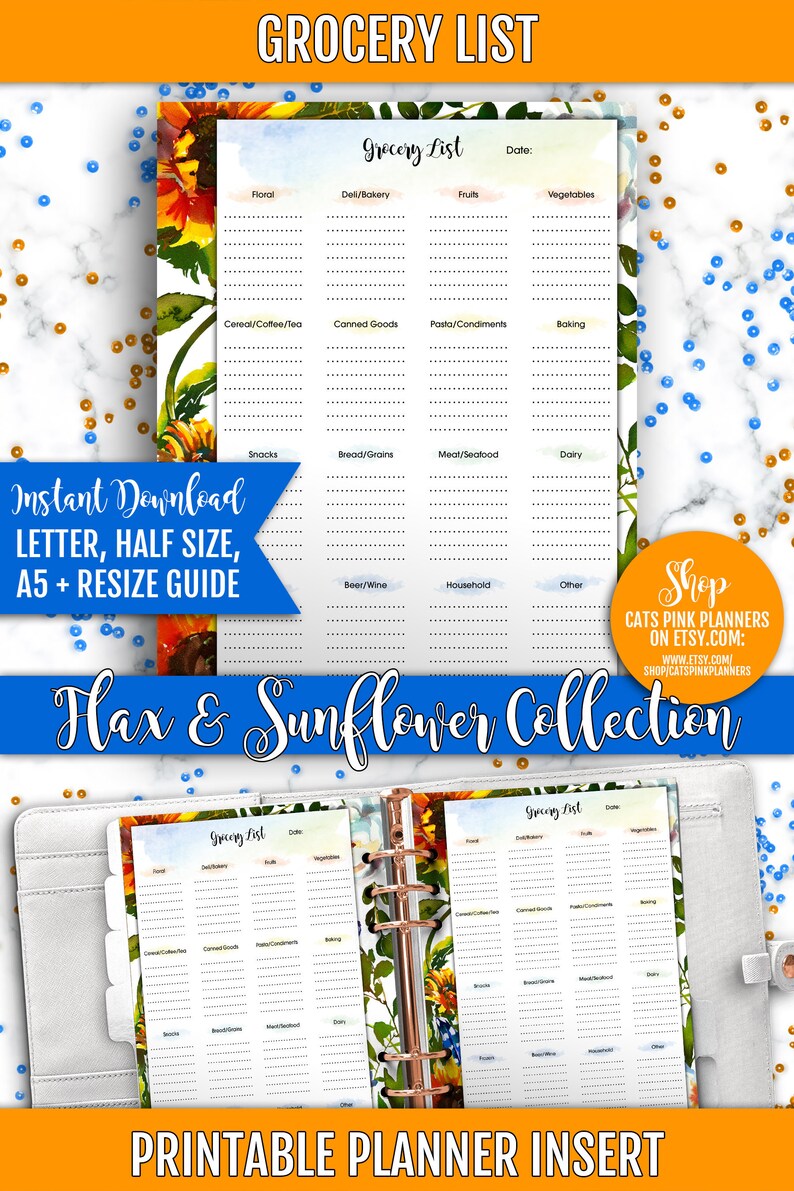 Letter A5 Half Size Printable Grocery List Flax and Sunflower