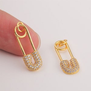 6PCS Real Shiny Gold Pin Charms, CZ Pave Pin Connector, Pin jewelry, Zircon Pin, Pin Link