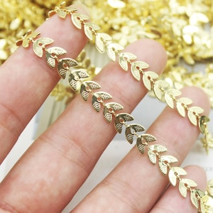 3.2feet Real Gold Plated Leaves Chain,Gold Disc Chain,Loose,Flat Chevron Chain,Herring bone Fish bone Chain,Collar Necklace diy,Finding
