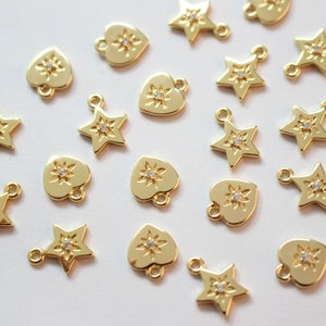 10 peças pingente de estrela banhado a ouro 18K real, pingente inicial de ouro, pingente de estrela vermeil, pingente inicial de ouro, mini pingente de coração minúsculo
