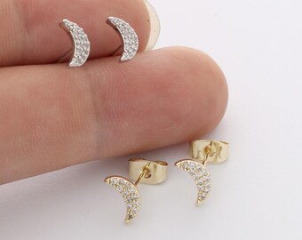 6pcs Real Gold Plated Moon Stud Earrings, Tiny Mini Dainty Earrings, Zircon Cartilage Earring Stud,Minimalist Accessories,Bulk