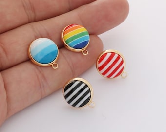 6pcs Real Gold Plated Multicolored Stripes Hemisphere Earrings Stud With Loop,Round Resin Post, Earring Findings 12mm