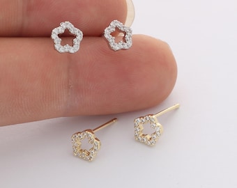 6pcs Real Gold Plated Flower Stud Earrings, Tiny Mini Dainty Earrings, Zircon Cartilage Earring Stud,Minimalist Accessories,Bulk