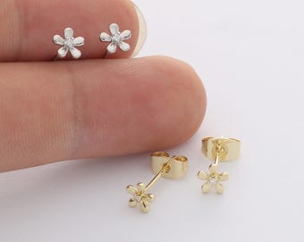 6pcs Real Gold Plated Flower Stud Earrings, Tiny Mini Dainty Earrings, Zircon Cartilage Earring Stud,Minimalist Accessories,Bulk
