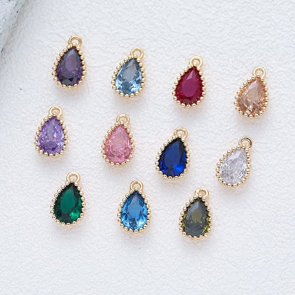 6pcs Real Gold Gemstone Charm, Zircon Teardrop Charm, Dainty Gemstone Charms, Necklace Charm, Bracelet Charms, Gold Plated Findings