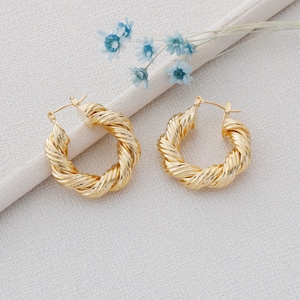 May include: A pair of gold-toned hoop earrings with a twisted rope design.