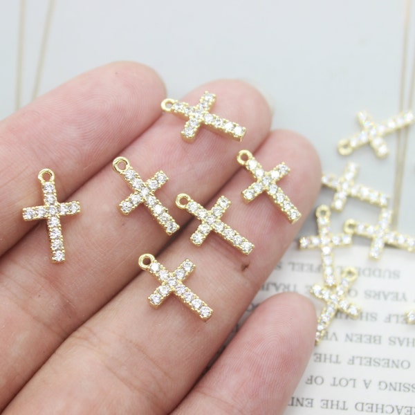 6pcs crystal cross charm pendant, cz pave cross charm, bracelet necklace pendant,faith,religious,Royal cross charm,gold plated over brass