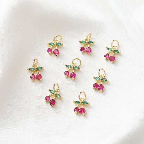 6pcs Real Gold Plated CZ Pave Cherry Charm, Tiny Mini Cherry, Zircon Cherry Pendant, fruit Charm, Food, Pave Charm, Gold Plated Over Brass