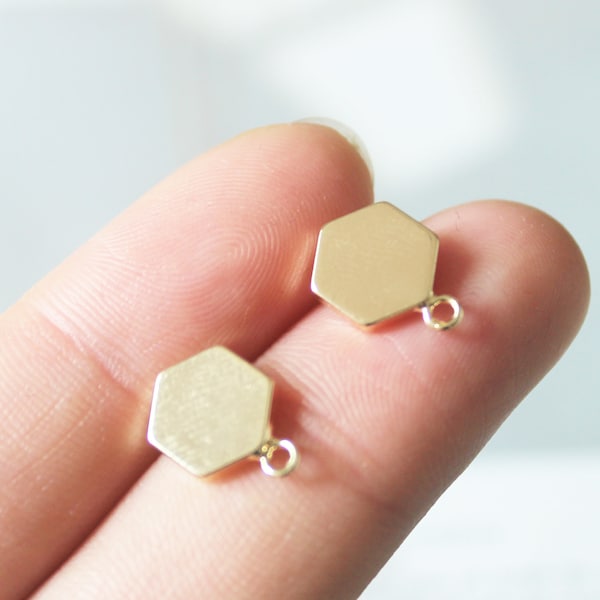 10PCS Real 14k Gold Plated Brass Hexagon Earring Posts, Earring Stud,Round Ear Studs, Earring Accessories