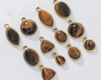 2pcs 18K Real Gold Plated Tiger Eye Gemstone Oval Molten Bezel Pendant,Natural Stone Teardrop Charm,Gemstone Charm, Jewelry Making