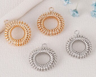 6PCS. Circle Charm, Round Dangle,Spring Charm Pendant, Quality Gold Plated over Brass, Earrings diy, Brass Finding