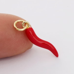 Puede incluir: Un amuleto rojo y dorado con forma de chile con un lazo dorado para sujetarlo a un collar o pulsera.