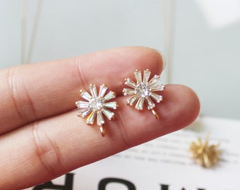 6PCS Real Gold Plated Brass cz Pave Earring Flower Posts, Earring Stud,Snowflake Ear Studs, Earring accessories