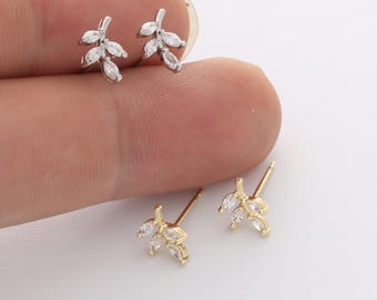 6pcs Real Gold Plated Leaf Stud Earrings, Tiny Mini Dainty Earrings, Zircon Cartilage Earring Stud,Minimalist Accessories,Bulk