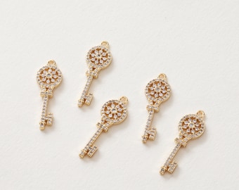 6PCS Nickel Free Real Gold Plated Brass Key Charm, Zircon Key Charm, CZ Pave Key Pendant, Tiny Key Charm,Accessories Jewelry Making