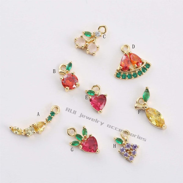 6pcs Real Gold Plated CZ Pave Cherry Charm, Tiny Mini Peach, Zircon Fruit Pendant, fruit Charm, Food, Pave Charm, Gold Plated Over Brass