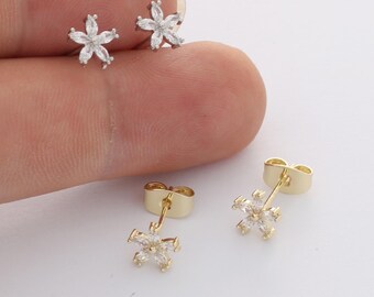 6pcs Real Gold Plated Flower Stud Earrings, Tiny Mini Dainty Earrings, Zircon Cartilage Earring Stud,Minimalist Accessories,Bulk