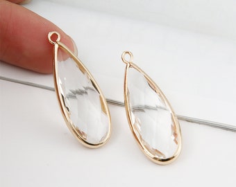 10pcs Clear Crystal Glass Pendant Charm,Large Teardrop Faceted Lucite beads,Round Channel Charm,Bezel Gemstone, wholesale prices