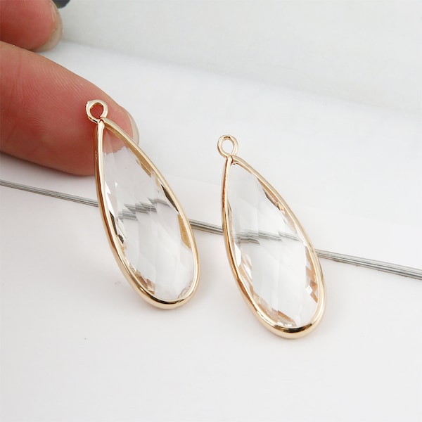 10pcs Clear Crystal Glass Pendant Charm,Large Teardrop Faceted Lucite beads,Round Channel Charm,Bezel Gemstone, wholesale prices