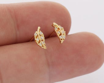 6pcs Real 18k Gold Plated Dainty Leaf Stud Earrings, Tiny Mini Pave Earrings, Zircon Cartilage Stud,Simple and Minimalist,Bulk