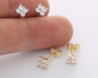 6pcs Real Gold Plated Flower Stud Earrings, Tiny Mini Dainty Earrings, Zircon Cartilage Earring Stud,Minimalist Accessories,Bulk