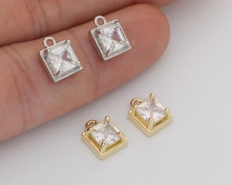 6pcs Real 18kGold Plated Square Zircon Charm,  CZ Pave Drop Pendant, Quality Jewelry Supply