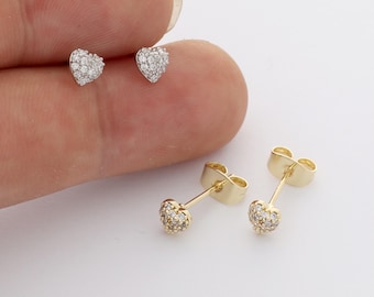 6pcs Real Gold Plated Dainty Heart Stud Earrings, Tiny Mini Pave Earrings, Zircon Cartilage Earring Stud,Minimalist Accessories,Bulk