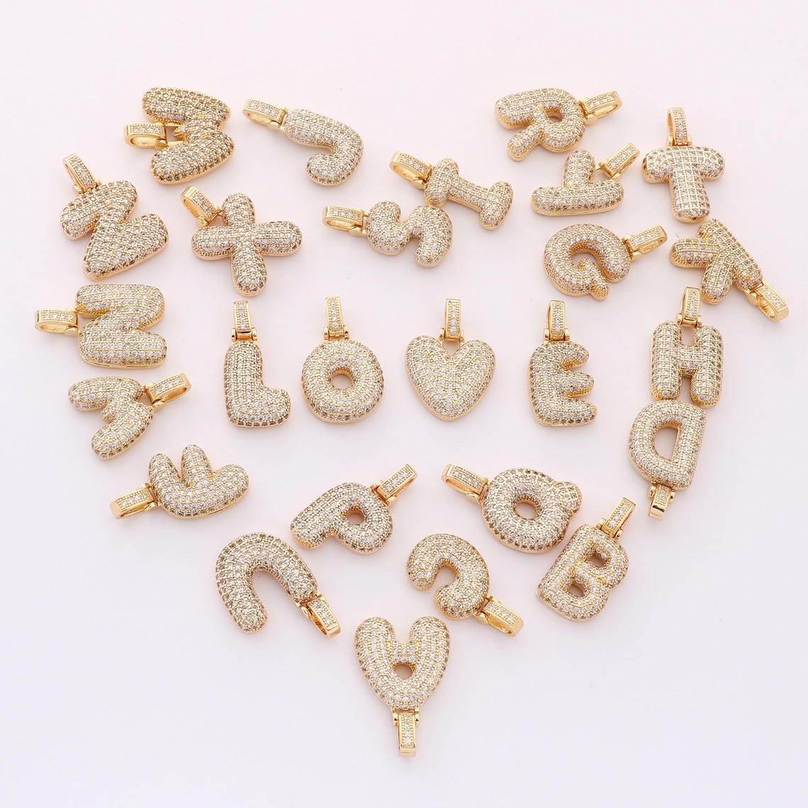 24K Gold Filled Alphabet Balloon Charm,puffy Zirconia Gold Initial ...