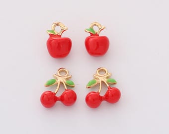 6pcs Alloy Apple Earrings, Red Enamel Apple Pendant,Red Cherry Charm, Plants, Food,Jewelry Materials
