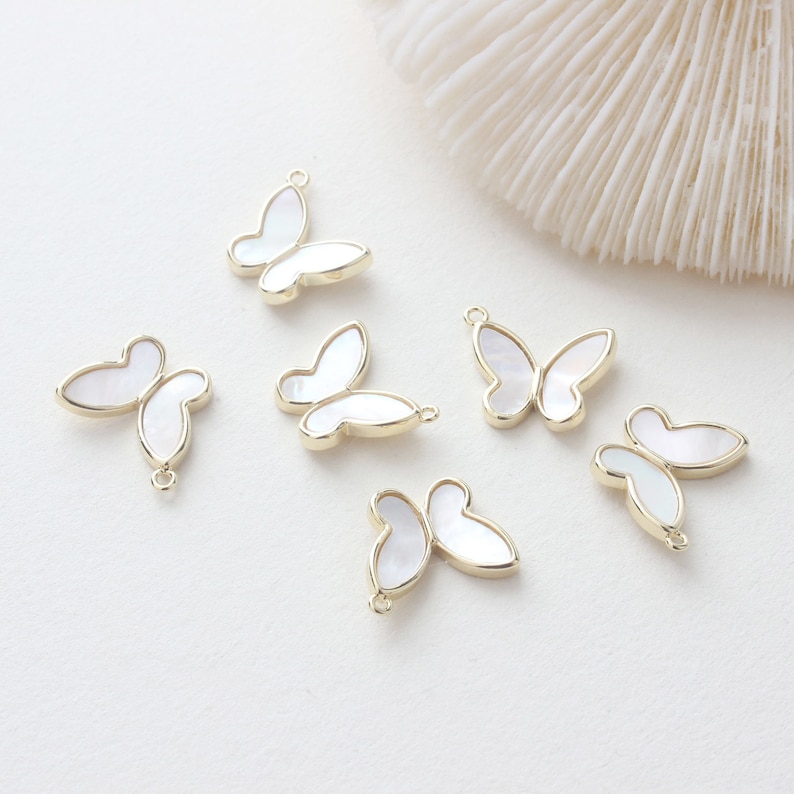 6pcs Real gold Plated Shell Butterfly Charm, Pearl White Butterfly, Pearl Butterfly Charm,Zircon Butterfly Charm, Necklace Pendant image 5