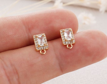 6PCS Real Gold Plated Brass Zircon Rectangle Earrings Posts, Earring Stud,Tiny Mini Rectangle Ear Studs, 925 Sterling Silver Ear Stick