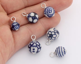 Vintage Blue and White Porcelain Bead Charm, Hand Painted Flowers Dainty Round Ceramic Charm For Necklace/Bracelet Jewelry Making