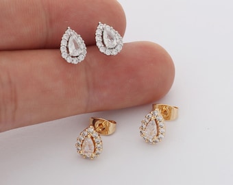 6pcs Real Gold Plated Dainty Teardrop Stud Earrings, Tiny Mini Pave Earrings, Zircon Cartilage Earring Stud,Minimalist Accessories,Bulk