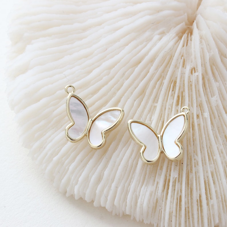 6pcs Real gold Plated Shell Butterfly Charm, Pearl White Butterfly, Pearl Butterfly Charm,Zircon Butterfly Charm, Necklace Pendant image 7