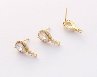 6PCS Real Gold Plated Brass Zircon Diamond Earrings Posts, Earring Stud,Tiny Mini Teardrop Ear Studs, 925 Sterling Silver Ear Stick