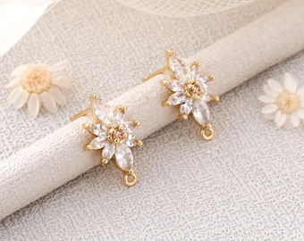 6PCS Real Gold Plated Brass Zircon Leaves Earrings, cz Pave Flower Post Earrings, Finding,Earring Material, Jewelry Making