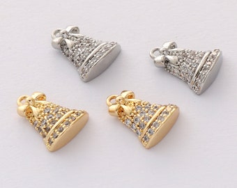 6PCS Real Gold Plated Cubic Zirconia Bell Charms,CZ Pave Bell Pendant,Tiny Christmas Bell,Christmas Charm,Jewelry Making