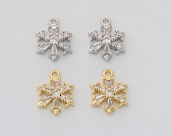 6PCS Real Gold Plated Cubic Zirconia Snowflake Charms,Connector,CZ Pave Flower Pendant, BlueSnowflake, Christmas Charm