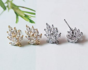 6PCS Real Gold Plated Brass Zircon Leaves Earrings cz Pave Post Earring Nickel-free High Quality