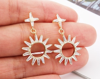 4PCS Real Gold Plated Brass Zircon Sun Earrings With 925 Sterling Silver Ear Stick