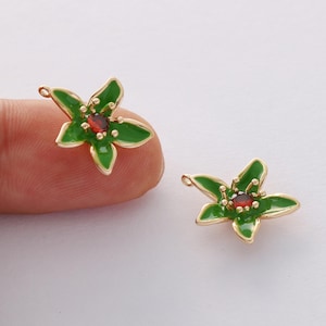 6 piezas de dijes de flores esmaltadas verdes bañadas en oro real, dijes de esmalte, dijes de flores, florales, plantas, suministros para manualidades